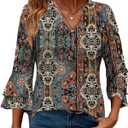 IEEILULU 3/4 Length Sleeve Womens Tops V Neck Tunics Ruffle Sleeve Tops Blouses for Women Dressy Casual (Blue, M)