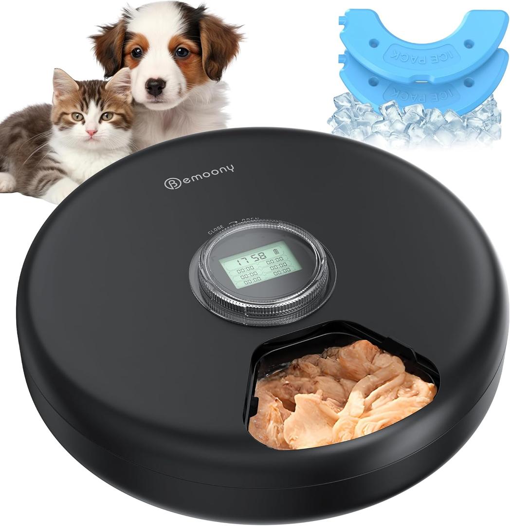Automatic Cat Feeder Wet Food: Cordless Dog Foods Dispenser - Small Pet Fresh Food Refrigerated Container with 2 Ice Packs - Programmable Timer AA Battery Powered Kitten Feeding - 6 Meals Per Day