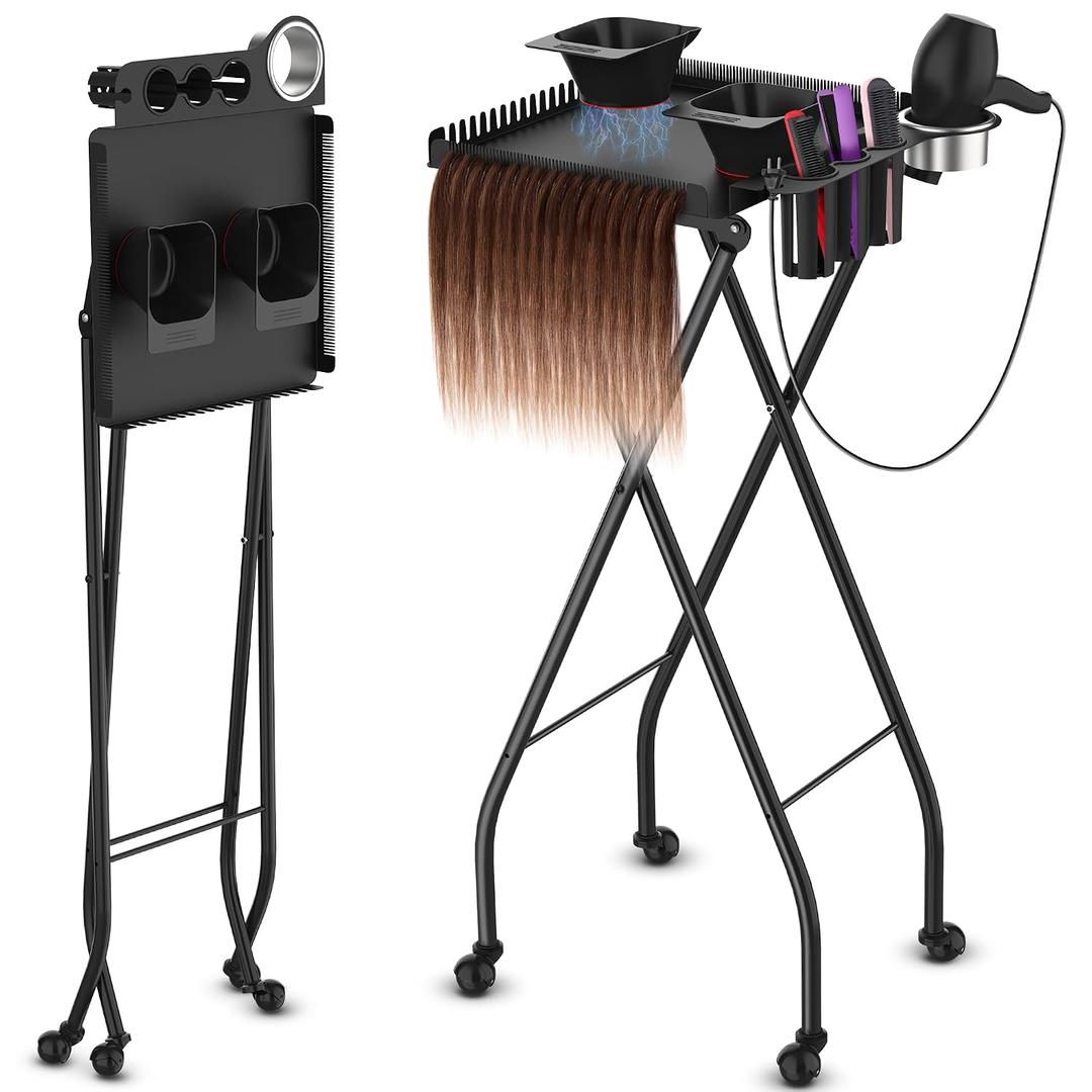 TASALON Professional Hair Styling Station Cart, Metal Rolling Hair Stylist Cart with 2 Magnetic Hair Color Bowls, Salon Trolley with Tool Holder and Hair Extension Stand for Hair Salon Stations
