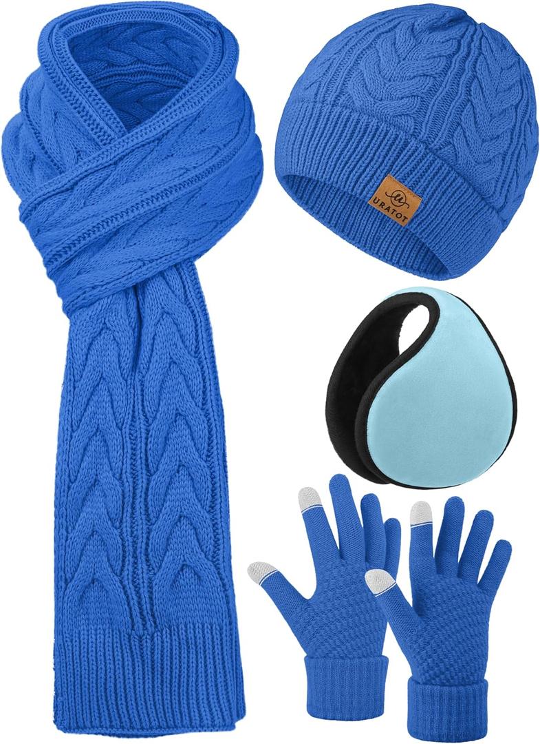 URATOT 4 Pack Winter Knitted Set Thick Knitted Beanie Hat Scarf Gloves Ear Warmer for Men or Women (Blue)