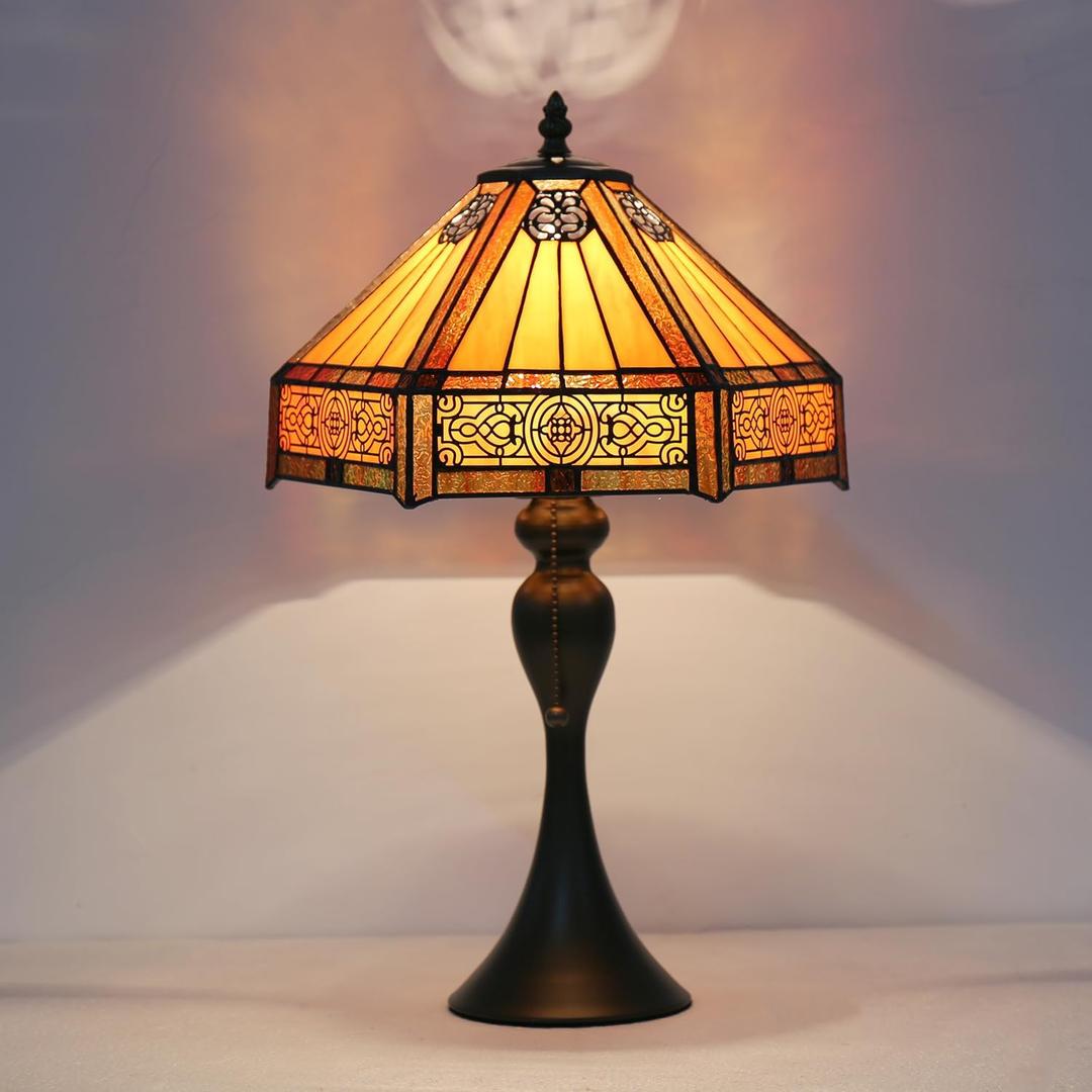 Tiffany Style Lamp Hexagon Vintage Table Lamp Amber Glass Desk Lamp for Living Room Bedroom (12x12x19 Inch)