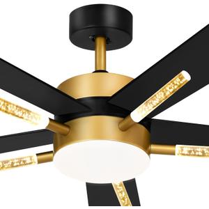 YITAHOME 60 Inch Ceiling Fan with Light and Remote, 5 Blade Crystal Rod Design Modern Chandelier with Reversible Quiet Motor, 3 LED Colors, Black&Gold