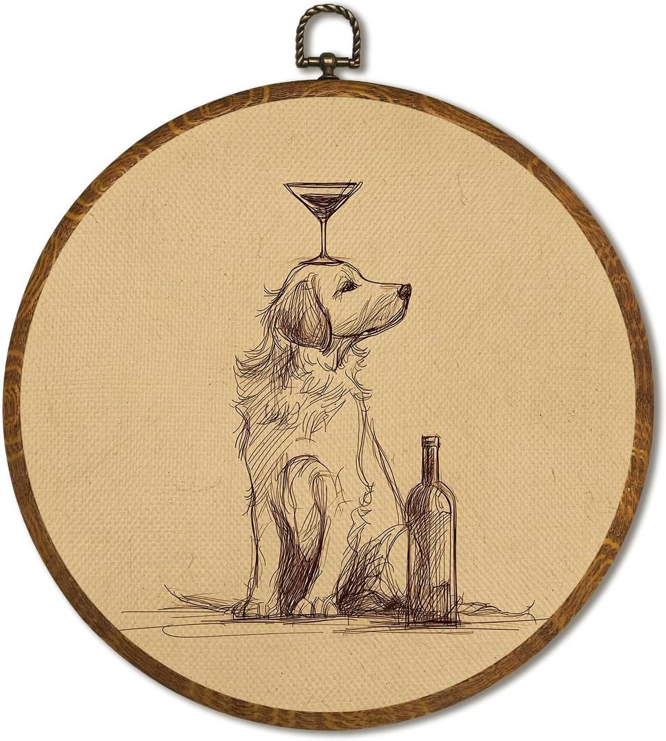 Vintage Golden Retriever Wall Art Decor 10x10Inch, Retro Bar Circular Wall Art Framed Canvas Print Decor, Retro Animal Portrait Country Art Decor for Home Farmhouse Bedroom Living Room (Dog)