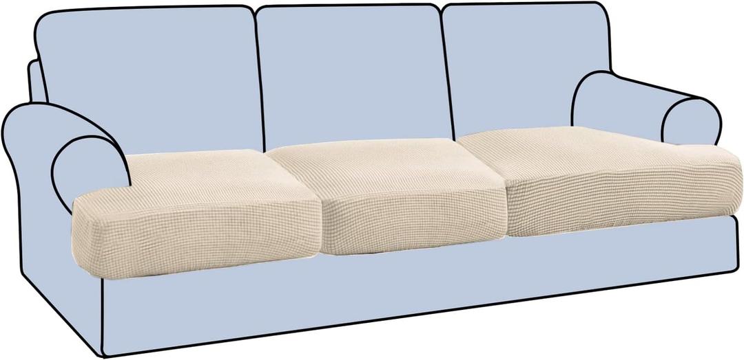 H.VERSAILTEX Stretch 3 Piece T Cushion Sofa Slipcovers Individually Sofa Cushion Covers for 3 Cushion Couch Sofa Seat Cushion Covers with Elastic Bands Featuring Thicker Jacquard Fabric, Natural