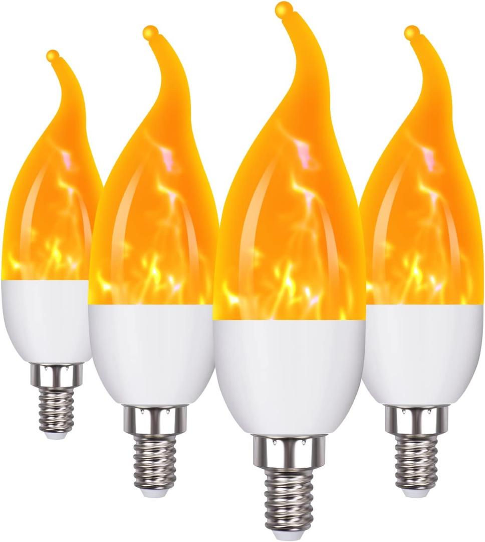 E12 Flame Bulbs 4 Packs, 3 Mode LED Candelabra Flame Light Bulb 2.0 Watt Warm White Chandelier Flame Bulbs,1800k Candle Light Bulbs, Flame Tip for Christmas Party Decorations (Orange)