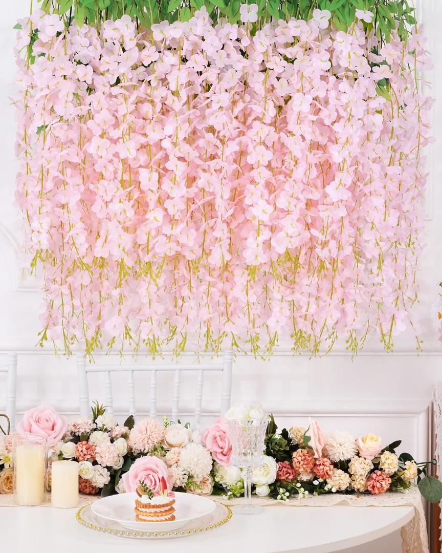Waipfaru 12 Pack Hanging Wisteria Flowers, 3.6 Feet Light Pink Artificial Flowers, Fake Wisteria Vines for Bedroom Wedding Home Party Wall Decoration