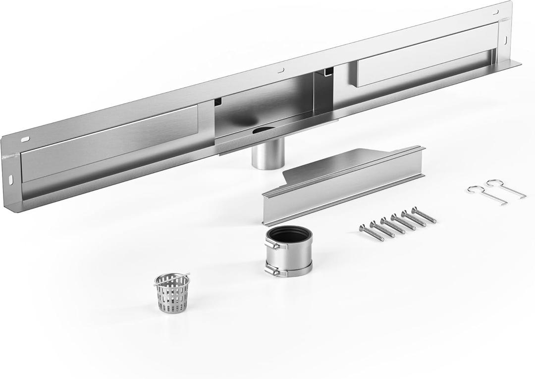 Linear Wall Drain 36, 304 Stainless Steel Side Drain w/Tiled Grate & Hair Strainer, Brushed Tiled Shower Drain for Bathroom, CUPC Certified (36")