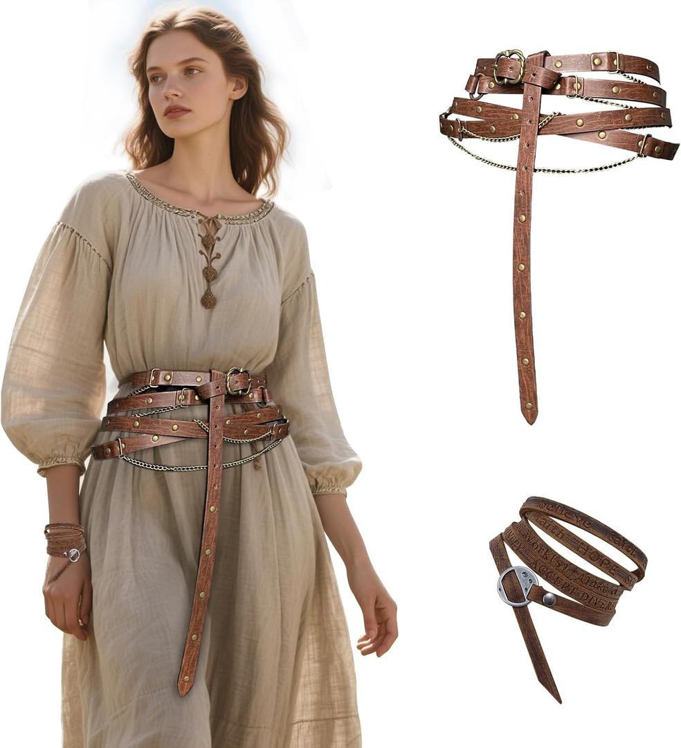 Hiifeuer 3PCs Medieval Fantasy Belt Skirt Hikes Set, Renaissance Adjustable Faux Chain Belt with Skirt Clips for Cosplay Faire