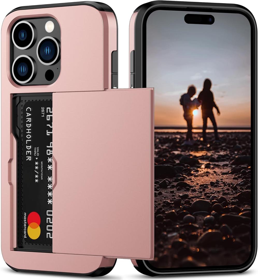 Nvollnoe Compatible with iPhone 15 Pro Case with Card Holder Heavy Duty Protective Dual Layer Shockproof Hidden Card Slot Slim Wallet Phone Cover for Women&Men 6.1 inch(Rose Gold)