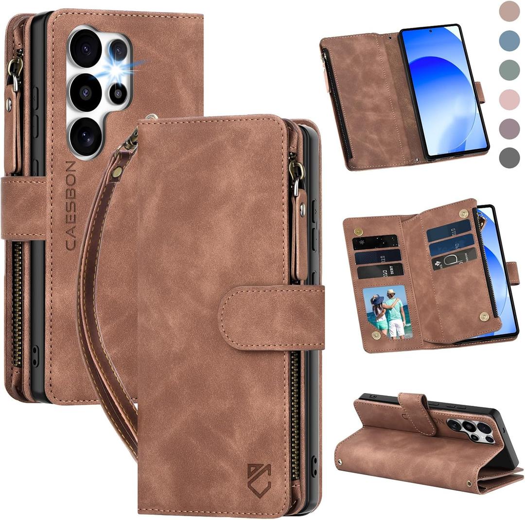 for Samsung Galaxy S26-Ultra-Wallet Case: with RFID Blocking Card Slots (6 Cards) | Soft PU Leather Magnetic Snap Zipper Pocket | Crossbody Wrist Strap Protective Phone Cover - Brown