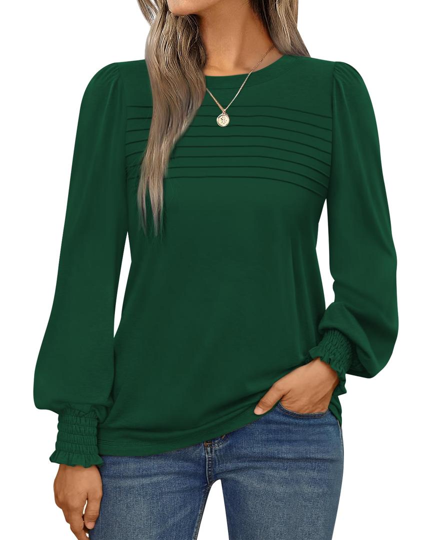 Simlakey Women Long Sleeve Shirt Dressy Casual Blouse 2025 Fall Fashion Pleated Top Trendy Loose Fit Crew Neck Basic Tee (Green,L)