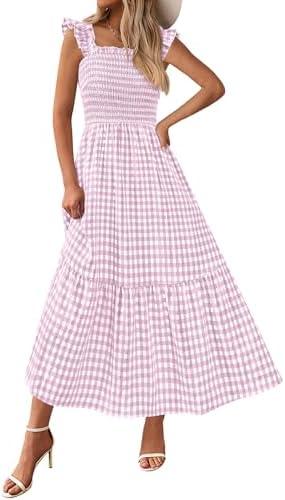 PRETTYGARDEN Womens Summer Dress Casual Square Neck Ruffle Strap Gingham Smocked Midi Flowy A Line Beach Vacation Sun Dresses, Size Large,