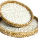 Round Rattan Tray with Mother of Pearl Inlay, Boho Coffee Table Tray Decor, Wicker Trays for Decor, Woven Tray, Round Basket Tray (WHITELEAF, 9.84 INCH and 11.8 INCH)