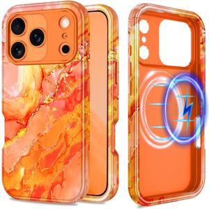 Casetego for iPhone 17 Pro Case,Compatible with MagSafe,[Military Grade Drop Test] Full Body Protection Slim Shockproof Rugged Marble Women Girls Case for iPhone 17 Pro 6.3 inch,All Orange