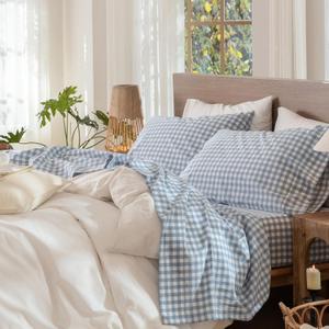MooMee Gingham Sheet Set 100% Washed Cotton Linen Like Textured Breathable Soft w/Fully Elasticized 16-19" Deep Pocket (Classic Gingham Cornflower Blue, Queen)