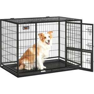 Feandrea 42.1 Inch Heavy Duty Dog Crate, Metal Escape Proof Kennel with Double Doors and Convenient Feeding Door, Removable Tray, Easy to Clean, XL Pet Crate for Large and Medium Dogs, Black