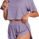 OYOANGLE Womens Pajama Sets 2 Piece Sexy Lounge Sets Summer Cute Pjs Striped Print Tee and Side Split Shorts Set Purple Large
