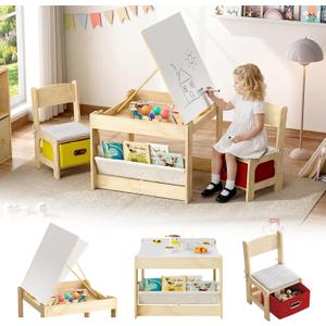 EXPERLAM Kids Table and Chairs, Wooden Kids Table and 2 Chairs with Adjustable-Height Drawing Tabletop, Toddler Table and Chair Set with Safety Hinges,Storage Drawers & Bookshelf for Playroom Nursery, Large