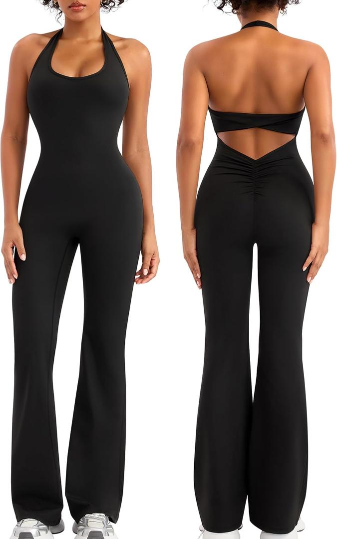 Relety Womens Flare Jumpsuits One Piece Halter Neck Twist Back Sleeveless Butt Scrunch Workout Romper Yoga Bodycon Unitard (Black) Large