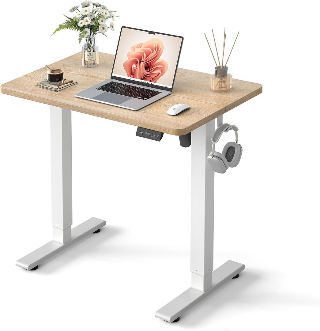 Cubiker Standing Desk, 32" Small Sit Stand Home Office Desk, Electric Stand up Desk, Adjustable Desk with Splice Board, White Frame/Maple Top, 32x19