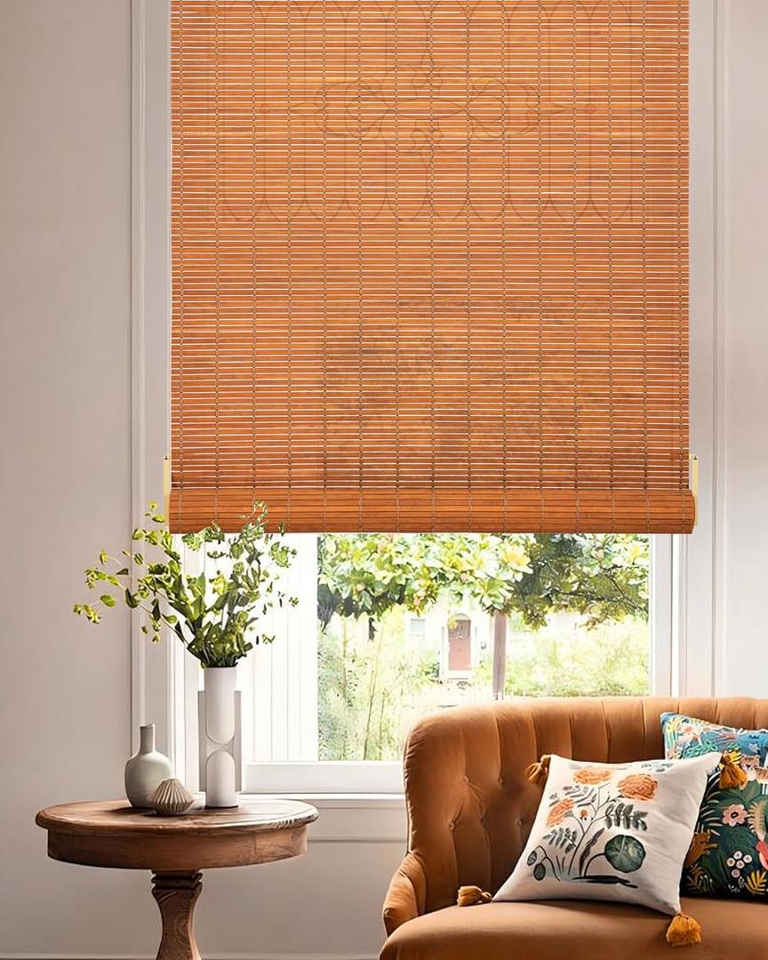 36''W X 72''H Cordless Bamboo Roman Shades, Light Filtering Roll Up Bamboo Blinds for Interior Window Home Patio Porch, Yellow Brown