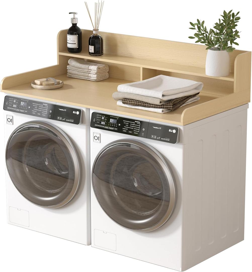 Piskyet Washer Dryer Countertop,2- Tier Laundry Countertop with Edge Rails,27.5" Depth x 54" Wood Countertop,Laundry Machine Topper for Laundry Room Organization and Storage(Natural Wood Color)