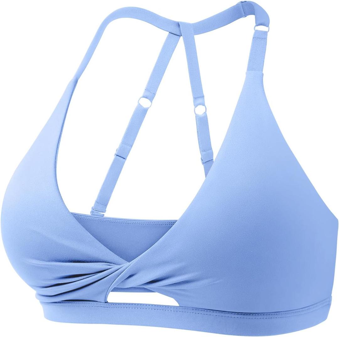 VOYJOY Workout Sports Bras for Women Padded Backless Strappy Fitness Wireless Gym Medium Impact Bra Yoga Crop Top (Large, Blue)