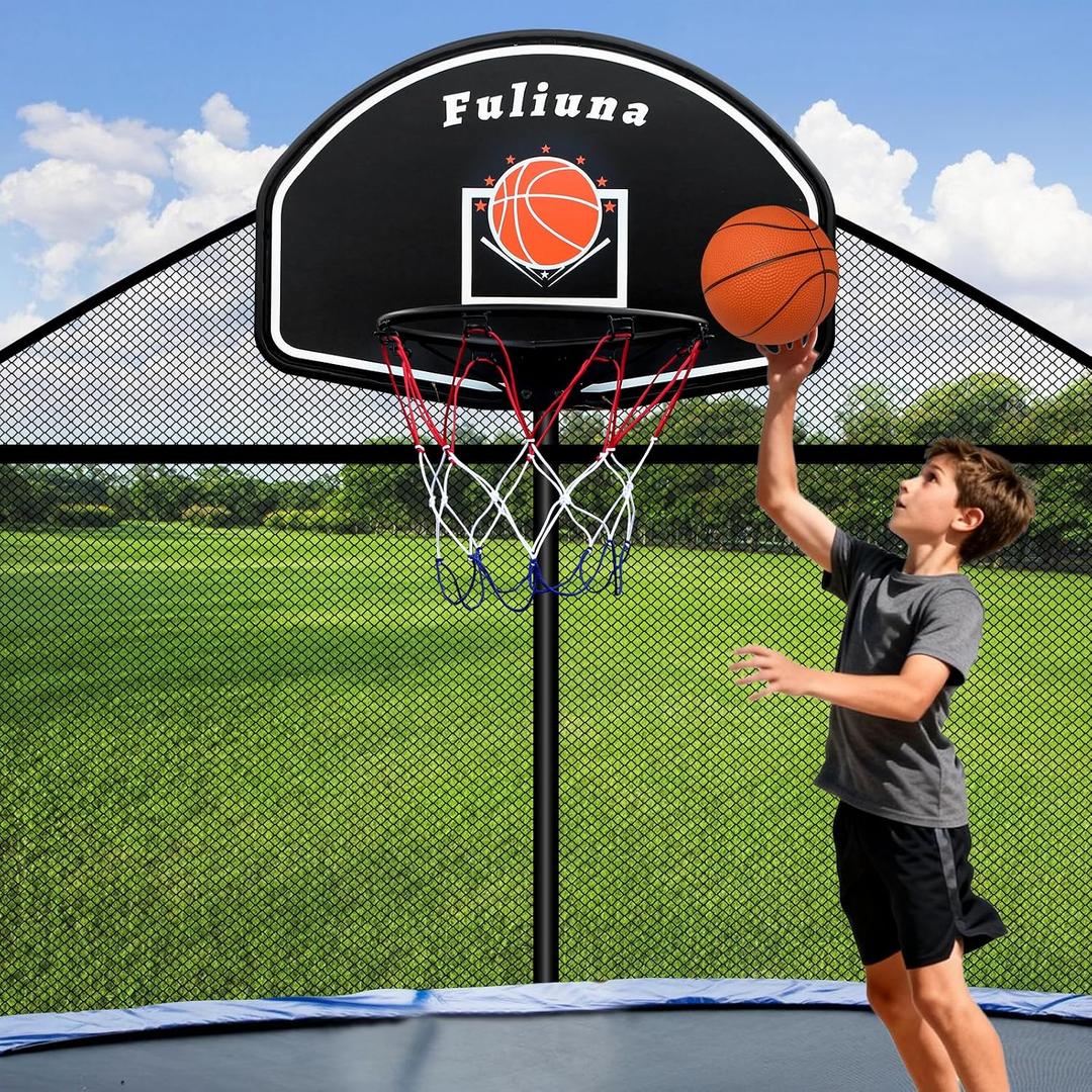 Trampoline Basketball Hoop, Fits Diameter 25mm - 32mm Straight & Curved Pole Basketball Hoop for Trampoline, Universal Trampoline Basketball Hoop Attachment with Ball, Pump and Protective Net.