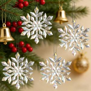 4pcs Hanging Snowfake Decorations Acrylic Snowflakes Ornaments Window Snowflake Plastic Hanging Ornament Christmas Tree Indoor Outdoor Holiday Decor