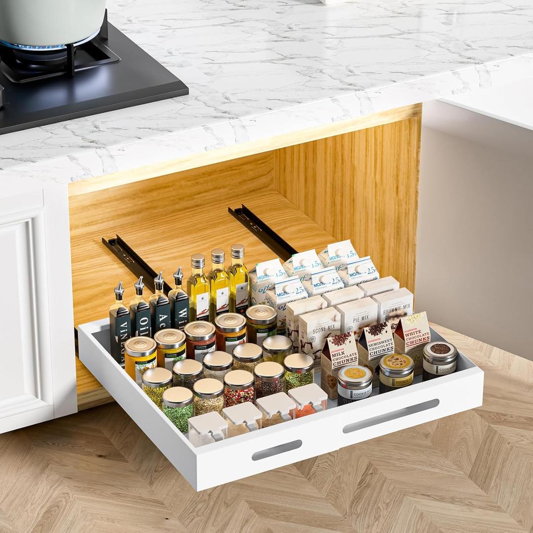HBL' 1 Pack | 21" Deep Pull Out Cabinet Organizer Adhesive, (13.8" to 22.0") Width Expandable Sturdy Carbon Steel Roll-Out Drawers, Designed for Frameless Cabinets, Slide-Out Shelves for Pantry