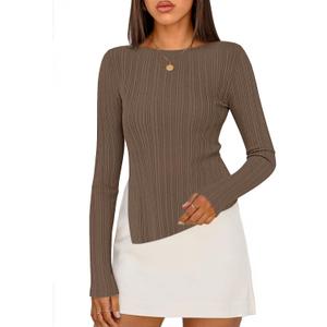 MEROKEETY Women's Fall Long Sleeve Sweater Tops 2025 Boat Neck Ribbed Asymmetric Lightweight Knit Shirts (Brown, L)