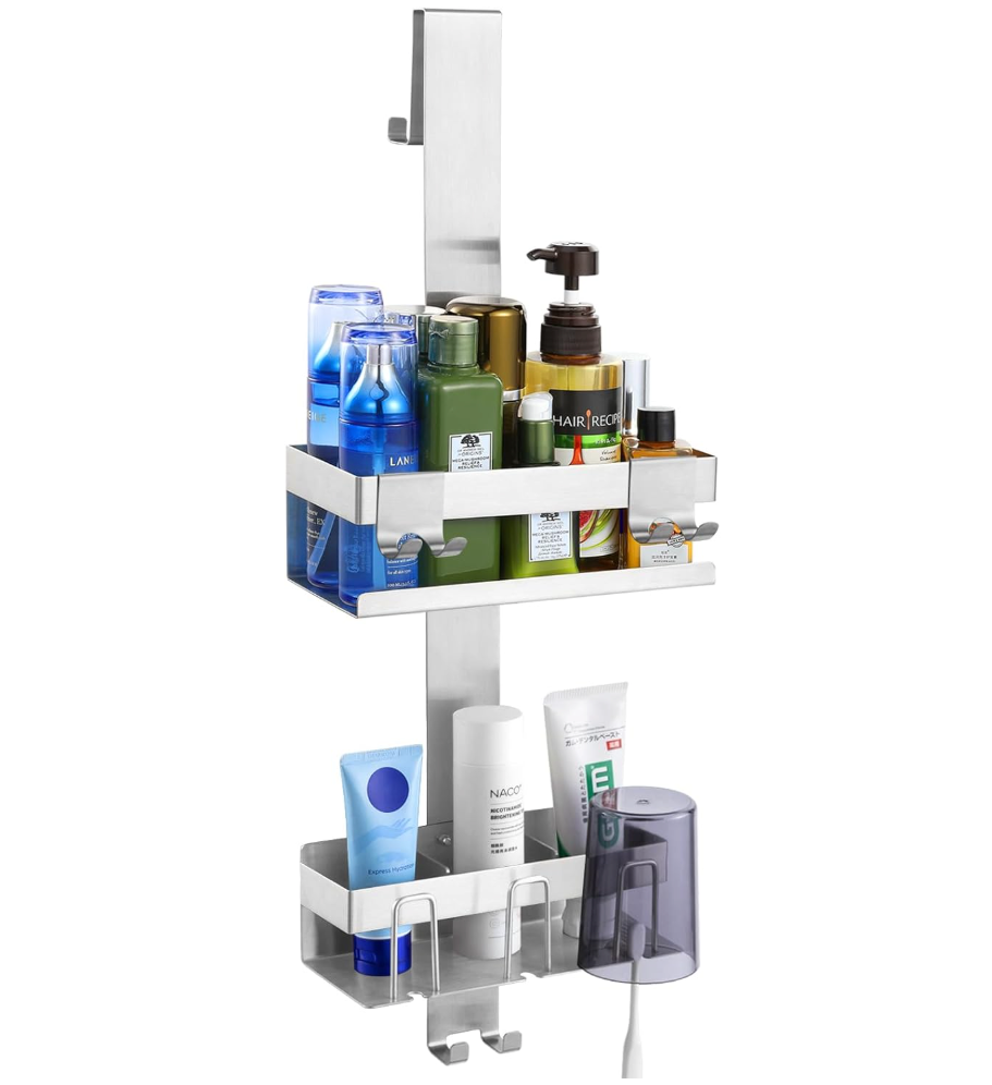 Emibele Over The Door Shower Caddy 2 Tier, 304 Stainless Steel Hanging Shower Caddy Rustproof Shower Shelves, No Drilling Hanging Shower Organizer for Bathroom Glass Door, Silver