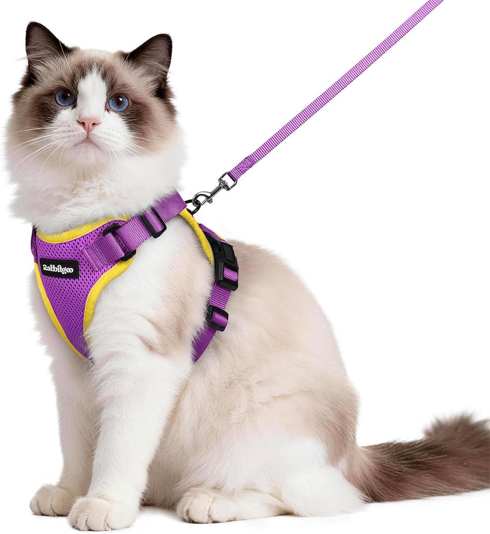 rabbitgoo Escape Proof Cat Harness and Leash Set, M, Purple & Yellow | 4-point Adjustable, Quick-snap Buckles, Soft Breathable Mesh, Reflective Strips, Sturdy Clip, for Medium to Large Cats