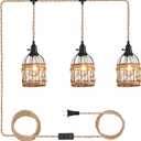 3 Light Hemp Rope Plug in Pendant Light Rattan Hanging Lights with Plug in Cord with Woven Lamp Shade, Plug in Cord Hemp Rope Hanging Lamp (1 PACK)