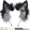Cat Wolf Fox Dog Ears Headband Handmade Faux fur Cosplay Halloween Costume Party (Black+grey)