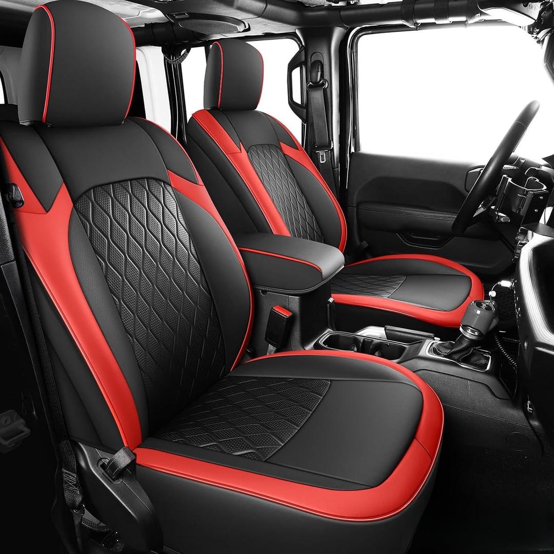 Coverado Seat Covers 4 Door for Jeep Wrangler, 2PCS Leather Car Seat Cover for Jeep Wrangler Vehicle Accessories Custom Fit for 2018-2026 Jeep Wrangler Seat Covers 2-Door/4-Door(Red)