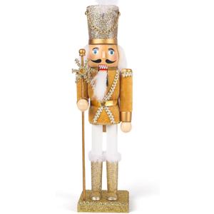 LovesTown 12inch Wooden Nutcracker Figure, Christmas Decoration Golden Glitter Nutcracker Soldier Traditional Painted for Christmas Tabletop Decor