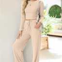 Women's Two Piece Outfits Lounge Sets Long Sleeve Ruched Top & Wide Leg High Waist Pants with pockets (Beige, XL)