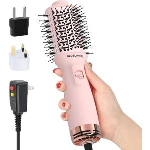 Automatic Dual Voltage Travel Hair Dryer Brush Compact Mini Hot Air Brush with European Plug One Step Blow Dryer and Styler for Women, Oval Barrel 3 Heat & 2 Speed Settings