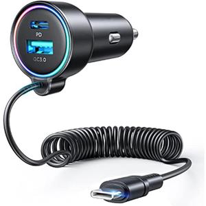 USB C 90W Car Charger for iPhone 17/16 Pro Max, PD & QC3.0 w/5 ft 45W Type Coiled Cable, Fast Car Phone Charger Adapter for iPhone 17Air/15 Pro, Samsung Galaxy S25/S24/S23, Pixel 10/LG/Android, iPad