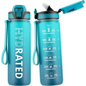 Water Bottle with Straw, 27oz Motivational Water Bottles with Time Marker to Drink, Tritan BPA Free, 750ml Sports Water Bottle with Carry Strap LeakProof for School Fitness Outdoor (1Pack) (Blue Sea)