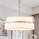 15.7" Modern Drum Chandelier Ceiling Light Fixture,3-Light Drum Pendant Light with White Fabric Shade,Adjustable Brushed Nickel Dining Room Chandelier for Kitchen Island Over Table Bedroom,E26