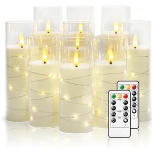 Flickering Flameless LED Candles, 9 Pcs with Embedded Star String, Acrylic LED Pillar Candles with Remote, Suitable for Home Decoration (White)