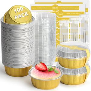 Ruckae 100 PCS 8 oz Round Mini Baking Cups with Lids,Mini Loaf Pans with Lids,Disposable Aluminum Foil Ramekins Baking Cups for Birthday Party Weddings (Gold, 8oz)