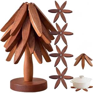 Wooden Tree Trivets for Hot Dishes - Set of 4 with Stand, Natural Foldable Kitchen 1 Stand Like a Christmas Tree Wooden Hot Pads Heat Resistant Trivets for Pots, Pans, Bowls & Teapots (Walnut-4)