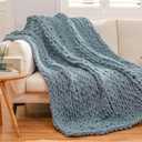 WESHIONGOO Chunky Knit Blanket Throw 50"60" Knitted Throw Blankets for Couch Bed Fluffy Soft Blanket with Jumbo Chenille Yarn Thick 100% Handmade(Dusty Blue)