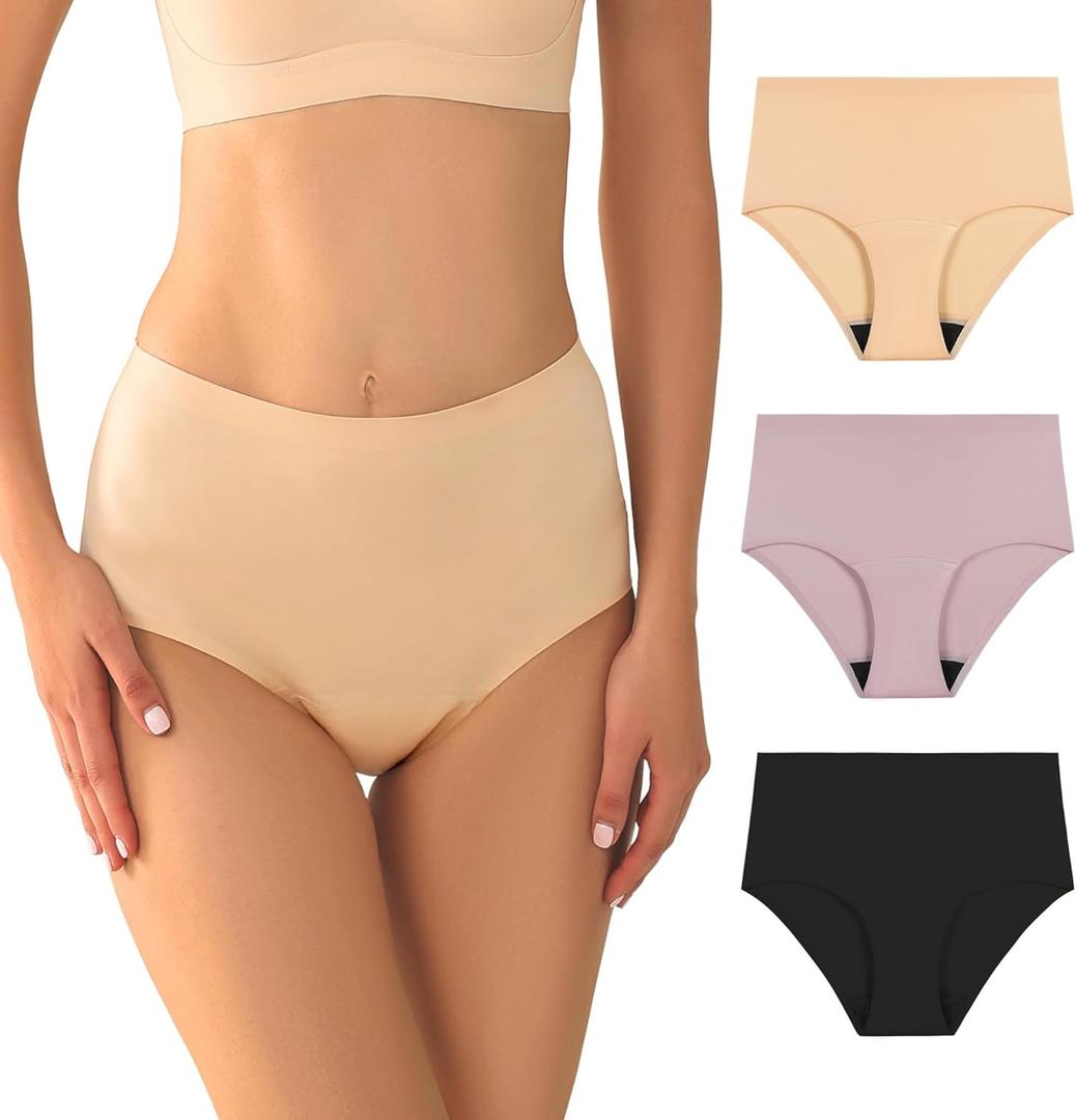 BATTEWA Silky Soft and Invisible Leak Proof Underwear for Women Incontinence Seamless Panties with 50ml Absorbency Ultra-Comfortable Nylon, Elastane Blend Briefs 3 Pack (X-Large, Beige Blush Black)