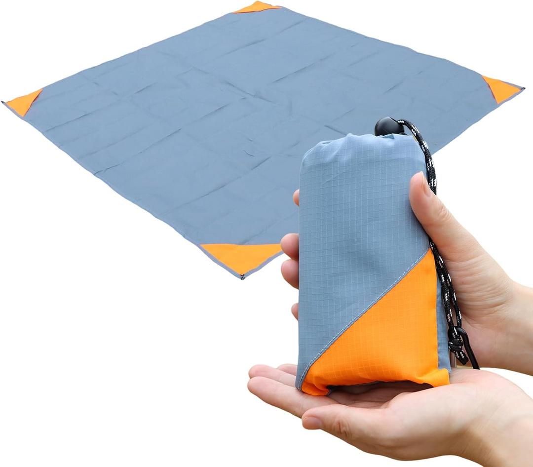 Orga'Neat Pocket Picnic Blanket, Sandproof Lightweight Pocket Camping Tarp, 55x 60 Foldable & Fits into Small Bag, Water Resistant Washable Quick Dry Compact Beach Mat for Outdoor Recreation (Grey/Orange)