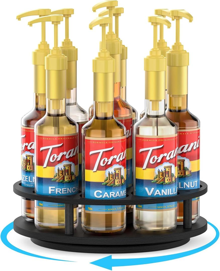 THYGIFTREE Rotating Coffee Syrup Organizer for Countertop, 9-Bottle Wooden Syrup Rack & Bottle Holder for Coffee Bar Station, Turntable Display Stand, Black