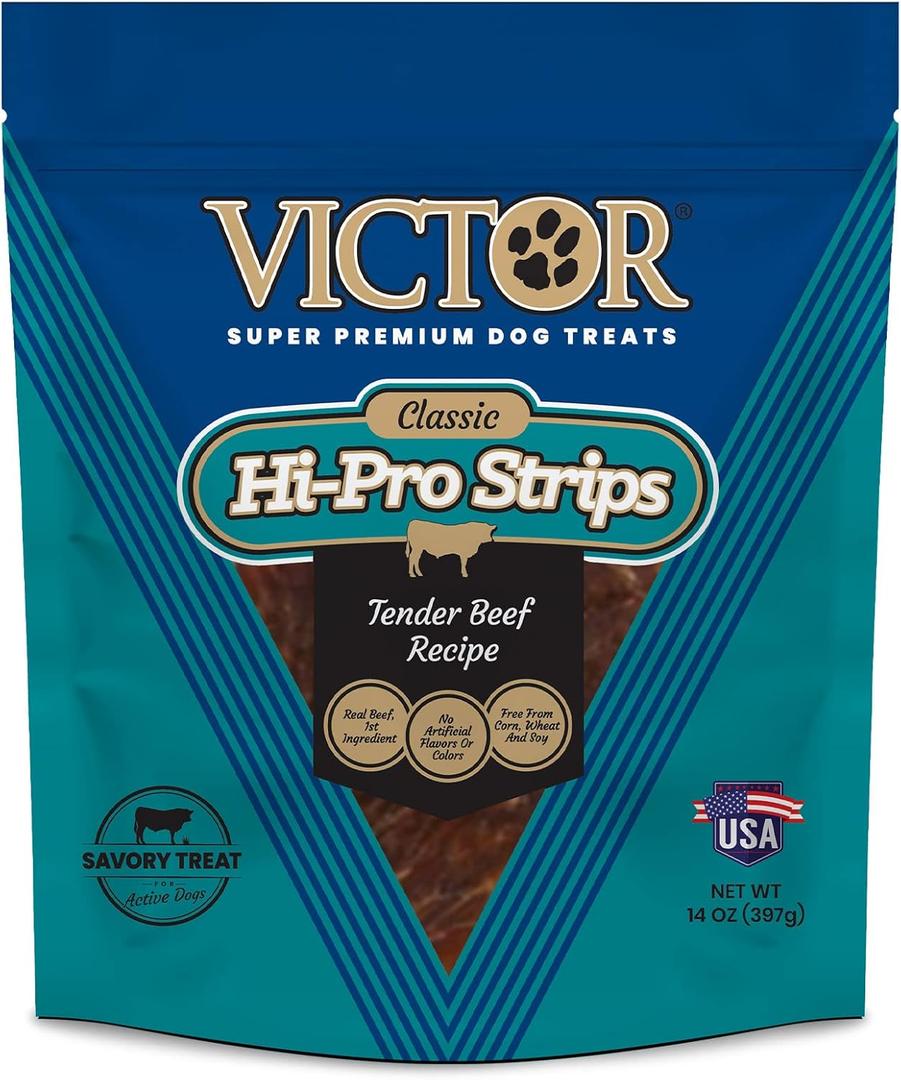VICTOR Super Premium Dog Treats  Classic Hi-Pro Savory Strips with Real Beef  Supports Immune System, Digestive Health, & Healthy Coat  Tender Beef Snack for Active and Sporting Dogs, 14 oz (EXP 04/01/26)